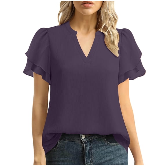 Women's Casual V-Neck Short Sleeve Chiffon T-Shirt with Pleated Ruffles for Everyday Wear