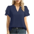 thumbnail image 1 of Women's Casual V-Neck Short Sleeve Chiffon T-Shirt with Pleated Ruffles for Everyday Wear, 1 of 9