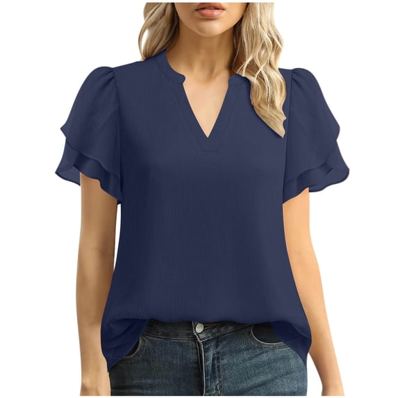 Women's Casual V-Neck Short Sleeve Chiffon T-Shirt with Pleated Ruffles for Everyday Wear