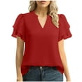 thumbnail image 1 of Women's Casual V-Neck Short Sleeve Chiffon T-Shirt with Pleated Ruffles for Everyday Wear, 1 of 9