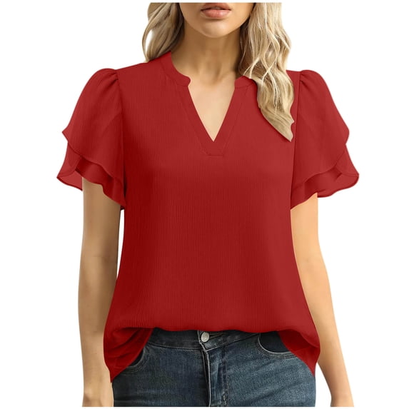 Women's Casual V-Neck Short Sleeve Chiffon T-Shirt with Pleated Ruffles for Everyday Wear