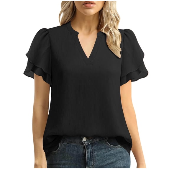 Women's Casual V-Neck Short Sleeve Chiffon T-Shirt with Pleated Ruffles for Everyday Wear