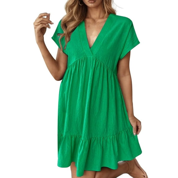 Women's Casual V Neck Short Sleeve Dress For Everyday Wear Basic Solid Color Summer Spring Outfit With Necklace Styling