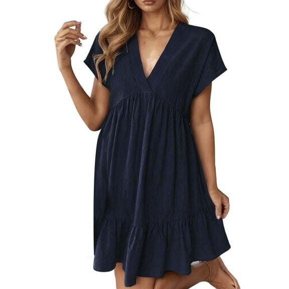 Women's Casual V Neck Short Sleeve Dress For Everyday Wear Basic Solid Color Summer Spring Outfit With Necklace Styling