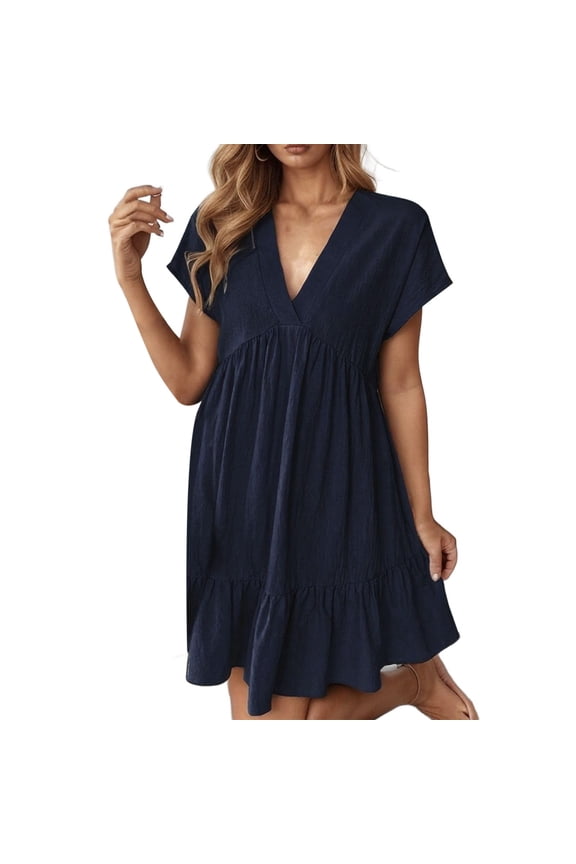 Women's Casual V Neck Short Sleeve Dress For Everyday Wear Basic Solid Color Summer Spring Outfit With Necklace Styling