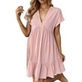 thumbnail image 1 of Women's Casual V Neck Short Sleeve Dress For Everyday Wear Basic Solid Color Summer Spring Outfit With Necklace Styling, 1 of 2