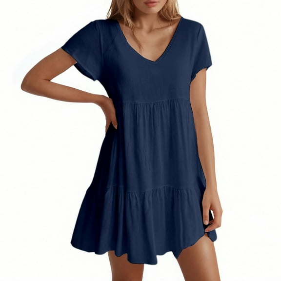 Women's Casual V Neck Short Sleeve Flowy Swing Mini Dress For Daily Wear Beach Date Spring Fall Outfit Comfortable Lightweight Womens Casual Trendy Midi Dresses