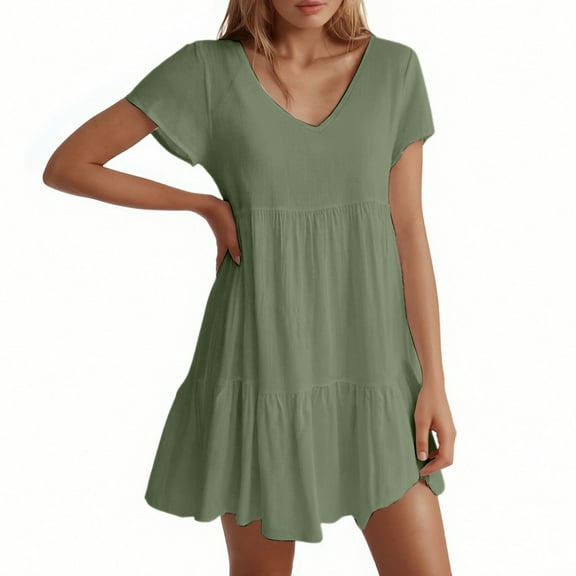 Women's Casual V Neck Short Sleeve Flowy Swing Mini Dress For Daily Wear Beach Date Spring Fall Outfit Comfortable Lightweight Womens Casual Trendy Midi Dresses