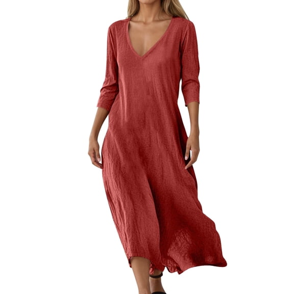 Women's Casual V Neck Short Sleeve Loose Fit Dress For Daily Wear Spring Fall Comfortable Flowy Elegant Midi Dress