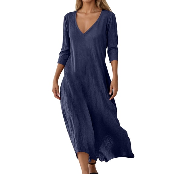 Women's Casual V Neck Short Sleeve Loose Fit Dress For Daily Wear Spring Fall Comfortable Flowy Elegant Midi Dress