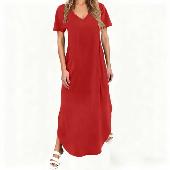 Women's Casual V Neck Short Sleeve Maxi Dress Loose Fit Side Split Pocket T-Shirt Dress Long Flowy Straight Sundress Summer Beach Vacation Comfort Loungewear