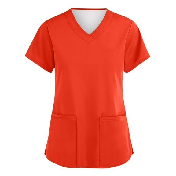 Women’s Casual V-Neck Short Sleeve Scrub Top, Solid Color Work Shirt with Two Front Pockets, Lightweight Comfortable Loose Fit T-Shirt for Summer Saffron