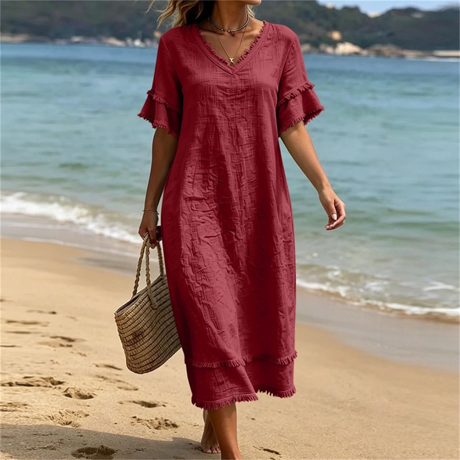casual summer dress with pockets Louniche Women's Casual Vacation Jacquard Fabric Round Neck Tie-Up Pocket Dress, Comfortable For Spring/Summer