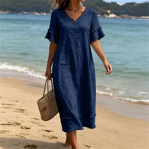 Women's Casual V-Neck Short Sleeve Summer Dress with Pockets, Solid