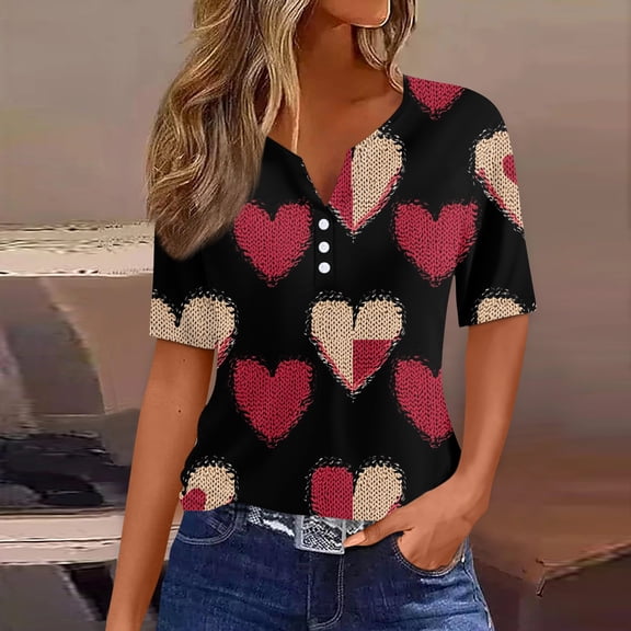 Women's Casual V-Neck Short Sleeve T-Shirt with Heart Print and Decorative Buttons, Valentine's Day Fashion Tee for Daily Wear and Weekend Outfits,Deep Red,XL