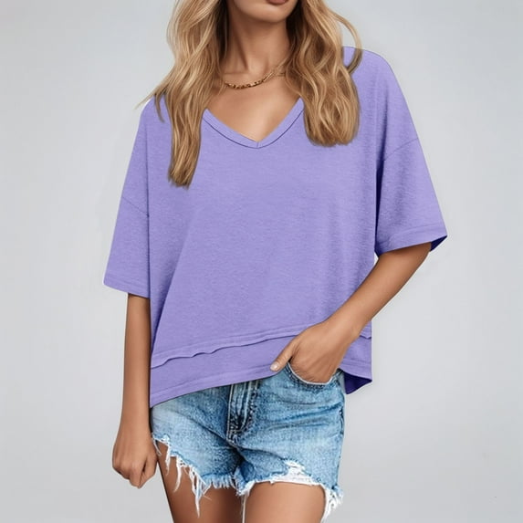 Women's Casual V Neck Short Sleeve T-Shirt Soft Comfortable Basic Solid Color Tee for Everyday Wear Home Summer