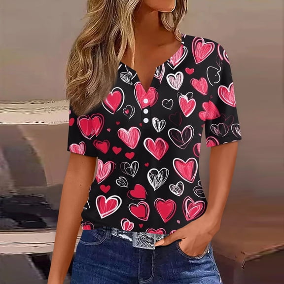 Women's Casual V-Neck Short Sleeve T-Shirt with Heart Print and Decorative Buttons, Valentine's Day Fashion Tee for Daily Wear,Black,3XL