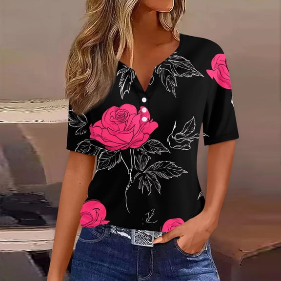 Women's Casual V-Neck Short Sleeve T-Shirt with Heart Print and Decorative Buttons, Valentine's Day Fashion Tee for Daily Wear,Hot Pink,3XL