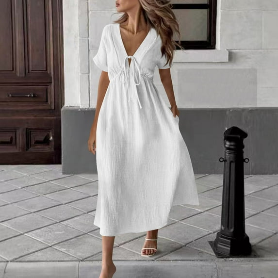 Women's Casual V-Neck Sleeveless Cinched Waist Dress with Pockets - Summer Solid Color Midi Dress for Daily Wear