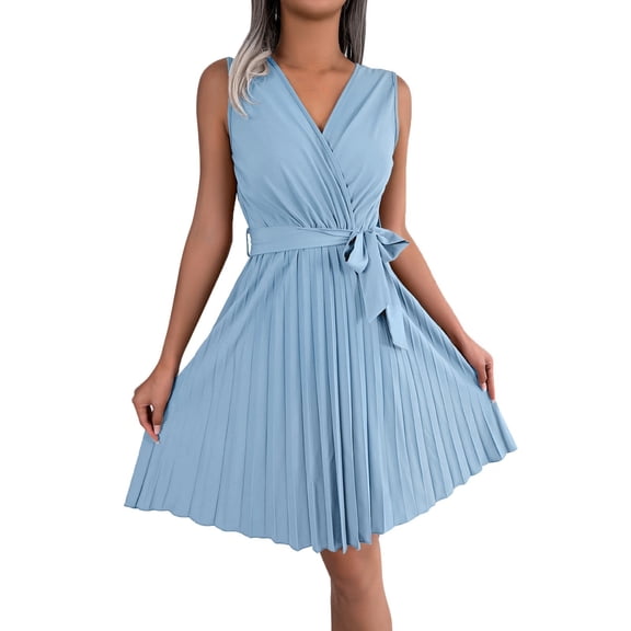 Women's Casual V Neck Sleeveless Dress Elegant Summer Flowy Comfortable Stretchy A-Line Midi Outfit