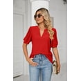 thumbnail image 1 of New Women's Casual V-Neck Solid Color Hollow Puff Sleeve Loose T-Shirt Top, 1 of 3