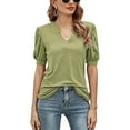 thumbnail image 1 of New Women's Casual V-Neck Solid Color Puff Sleeve Loose T-Shirt, 1 of 1