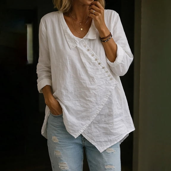 Women's Casual V Neck Solid Color Top, Irregular Asymmetrical Front Flattering Blouse, Versatile Loose Fit Shirt for Daily Wear, Breathable and Soft Beige L