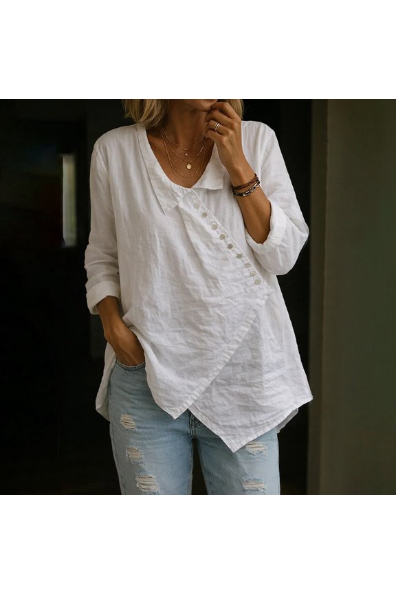 Women's Casual V Neck Solid Color Top, Irregular Asymmetrical Front Flattering Blouse, Versatile Loose Fit Shirt for Daily Wear, Breathable and Soft Beige L