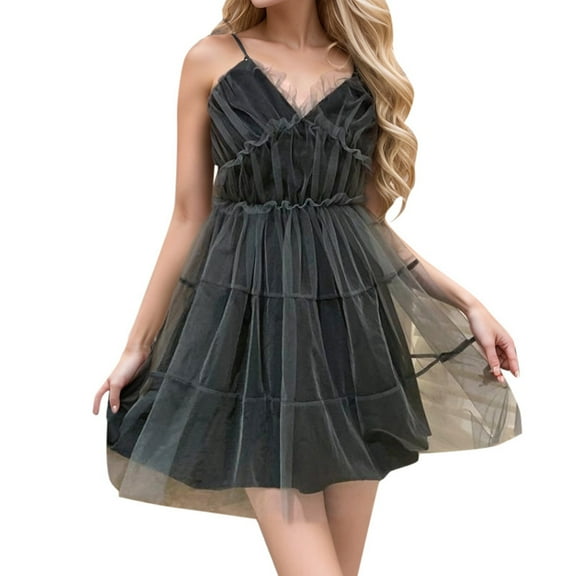 Women's Casual V Neck Spaghetti Strap Dress Slim Fit Waist Flowy Short Skirt Elegant Stylish Mesh Summer Outfit