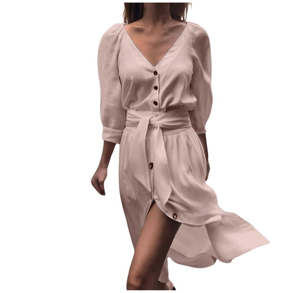 Women's Casual V Neck Strap Medium Sleeve Flowy Comfortable Summer Dress Elegant Stylish Loose Fit