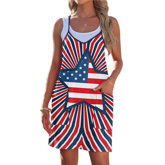 Women's Casual V-Neck Sundress, Sleeveless Summer Dress with Patriotic Print and Pockets, Comfortable Apparel for Festivals and Travel,Vermilion XL