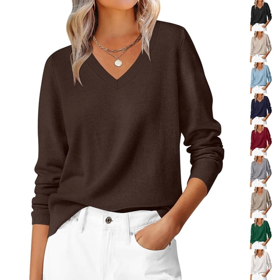 Women's Casual V-Neck Sweater Base Layer Knitted Long Sleeve Solid Color Top for Fall Winter Versatile Basics,Black,L
