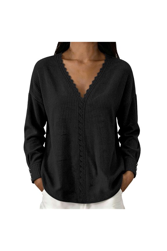 Women's Casual V Neck Sweaters Long Sleeve Pullover Sweater Knit Jumper Tops Waffle Knit Lace Patchwork Shirts Loose Solid Fall Tops Pullover Sweater
