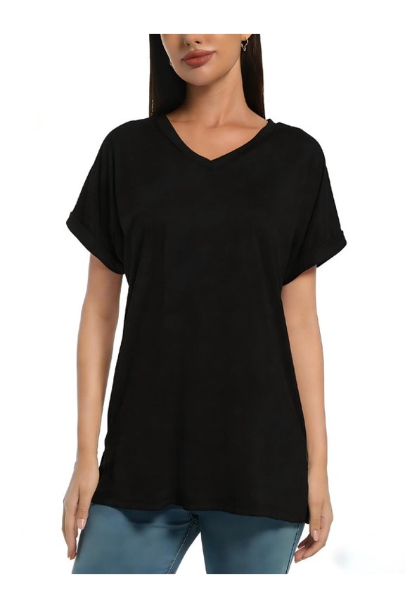 Women's Casual V-Neck T-Shirt Loose Fit Rolled Cuff Tunic Tops with Side Slit Black