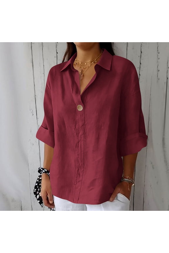 Women's Casual V-Neck Three-Quarter Sleeve Blouse Soft Breathable Polyester Top for Daily Wear
