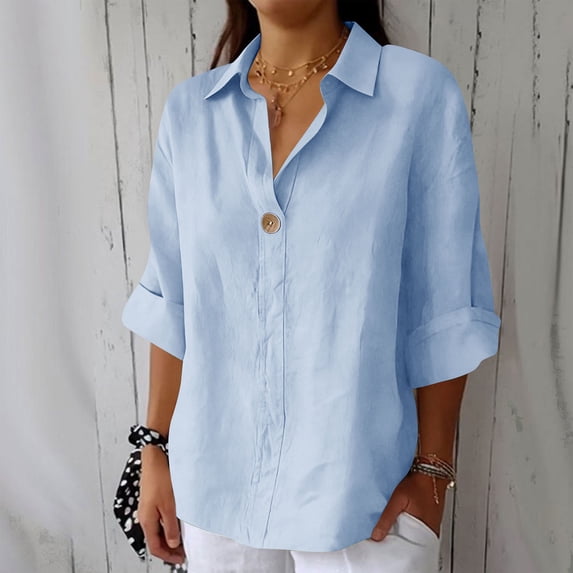 Women's Casual V-Neck Three-Quarter Sleeve Blouse Soft Breathable Polyester Top