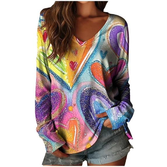 Women's Casual V-Neck Top Long Sleeve Loose Fit Blouse Valentine's Day Heart Print Daily Wear Comfortable Relaxed Style Basic