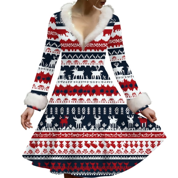 Women's Casual V-neck Christmas Print Plush Long-Sleeve Casual Dress for Holiday and Everyday Wear, Soft Women's Winter Dress with Festive Design,Dark Blue,L