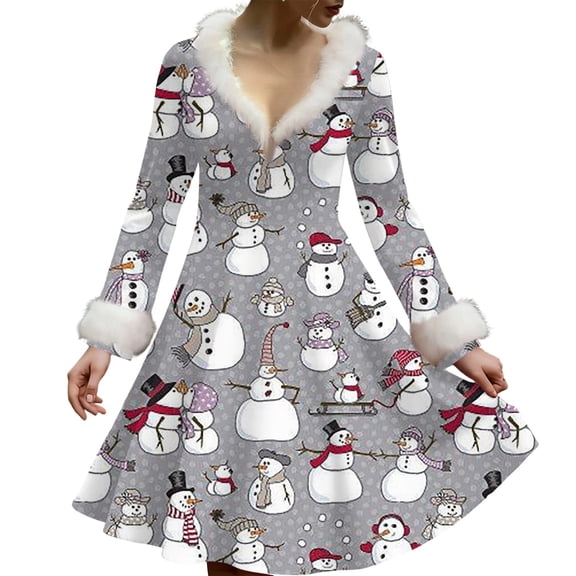 Women's Casual V-neck Christmas Print Plush Long-Sleeve Casual Dress for Holiday and Everyday Wear, Soft Women's Winter Dress with Festive Design,Dark Gray,XL