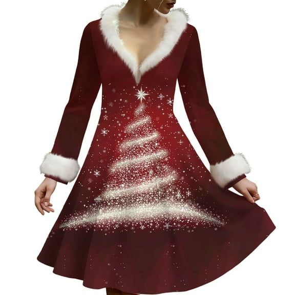 Women's Casual V-neck Christmas Print Plush Long-Sleeve Casual Dress for Holiday and Everyday Wear, Soft Women's Winter Dress with Festive Design,Deep Red,S
