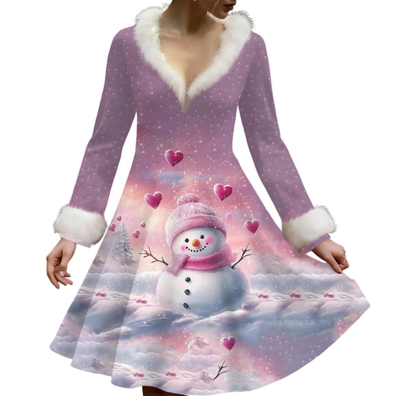 Women's Casual V-neck Christmas Print Plush Long-Sleeve Casual Dress for Holiday and Everyday Wear, Soft Women's Winter Dress with Festive Design,Purple Pink,XL