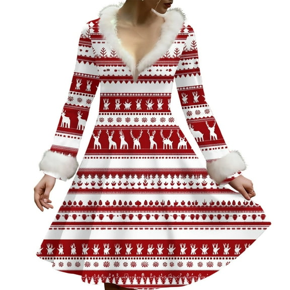 Women's Casual V-neck Christmas Print Plush Long-Sleeve Casual Dress for Holiday and Everyday Wear, Soft Women's Winter Dress with Festive Design,Vermilion,S