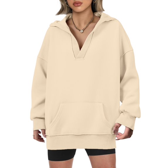 Women's Casual V-neck Pullover Long-sleeve Solid Color Fleece-lined Hooded Sweatshirt Top, Warm and Comfortable Hoodie for Winter Season,Beige,L
