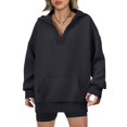 thumbnail image 1 of Women's Casual V-neck Pullover Long-sleeve Solid Color Fleece-lined Hooded Sweatshirt Top, Warm and Comfortable Hoodie for Winter Season,Black,XL, 1 of 6