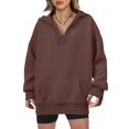 thumbnail image 1 of Women's Casual V-neck Pullover Long-sleeve Solid Color Fleece-lined Hooded Sweatshirt Top, Warm and Comfortable Hoodie for Winter Season,Coffee,2XL, 1 of 6