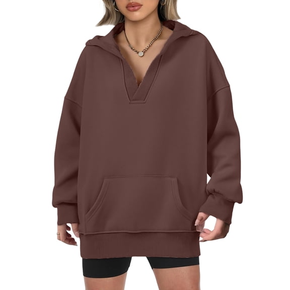 Women's Casual V-neck Pullover Long-sleeve Solid Color Fleece-lined Hooded Sweatshirt Top, Warm and Comfortable Hoodie for Winter Season,Coffee,XL