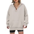 thumbnail image 1 of Women's Casual V-neck Pullover Long-sleeve Solid Color Fleece-lined Hooded Sweatshirt Top, Warm and Comfortable Hoodie for Winter Season,Light Gray,M, 1 of 6