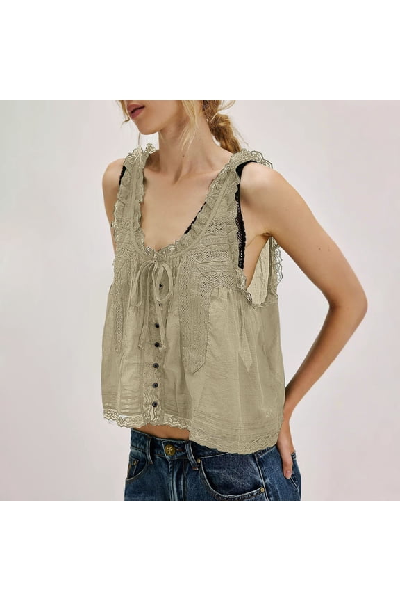 Women's Casual Vacation Boho Lace Tops, U Neck Sleeveless Ruffled Tie Front Button Down Loose Flowy Cropped Camisoles Daily Casual Outfits, Yellow S