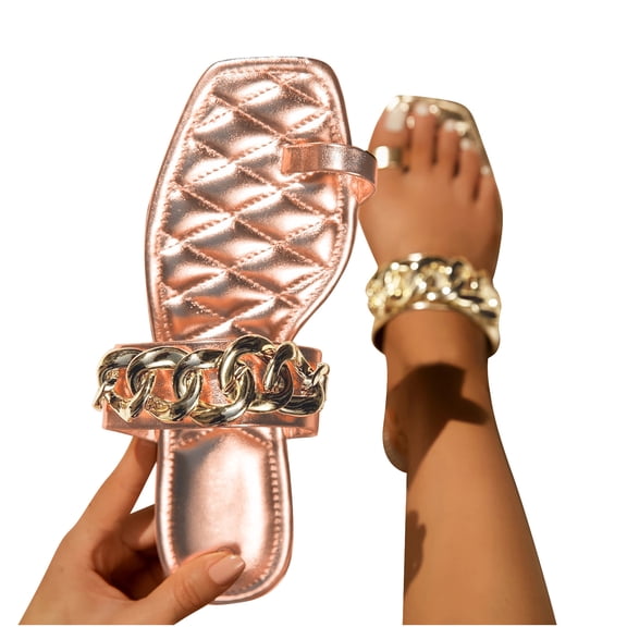 Women's Casual Vacation Open Toe Decorative Buckle Chain Solid Flat Beach Sandals