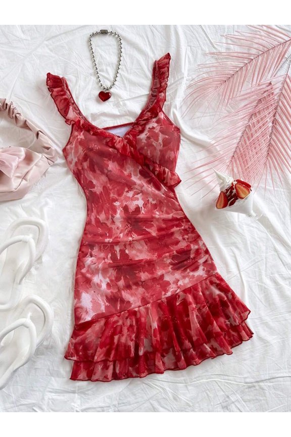 Women's Casual Vacation V-Neck Sleeveless Gathered Flared Dress with Double Layered Ruffle Hem